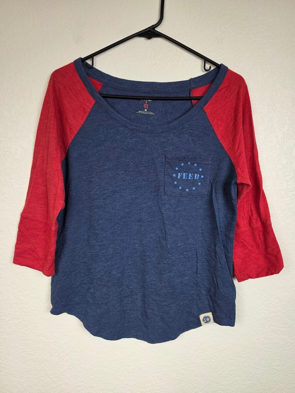 FEED Blue & Red Raglan Sleeve T-Shirt Medium Y2K 90s